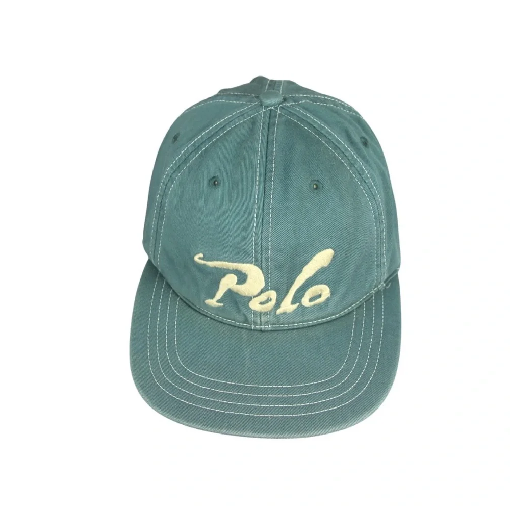 VTG Polo Ralph Lauren Cursive Font Emb Logo Leather Strap Hat Adult OS Green EUC